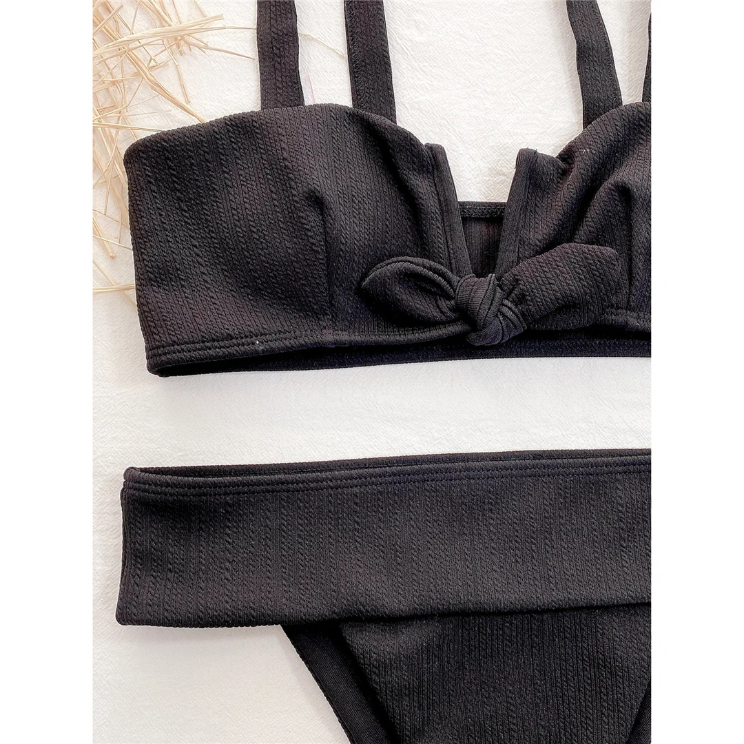 Schwarzer, hoch geschnittener, V-förmiger, gerippter Bikini, Damen-Badeanzug, zweiteiliges Bikini-Set, Badebekleidung, Badeanzug, Schwimmbekleidung V7873 – Detail 7