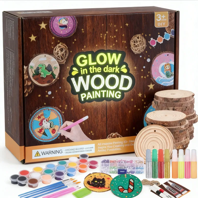 Kids Glow in Dark Wood Painting Kit, DIY Unfinished Wooden Slices Art Crafts Set, Educational Toy for Home School Activity view 2