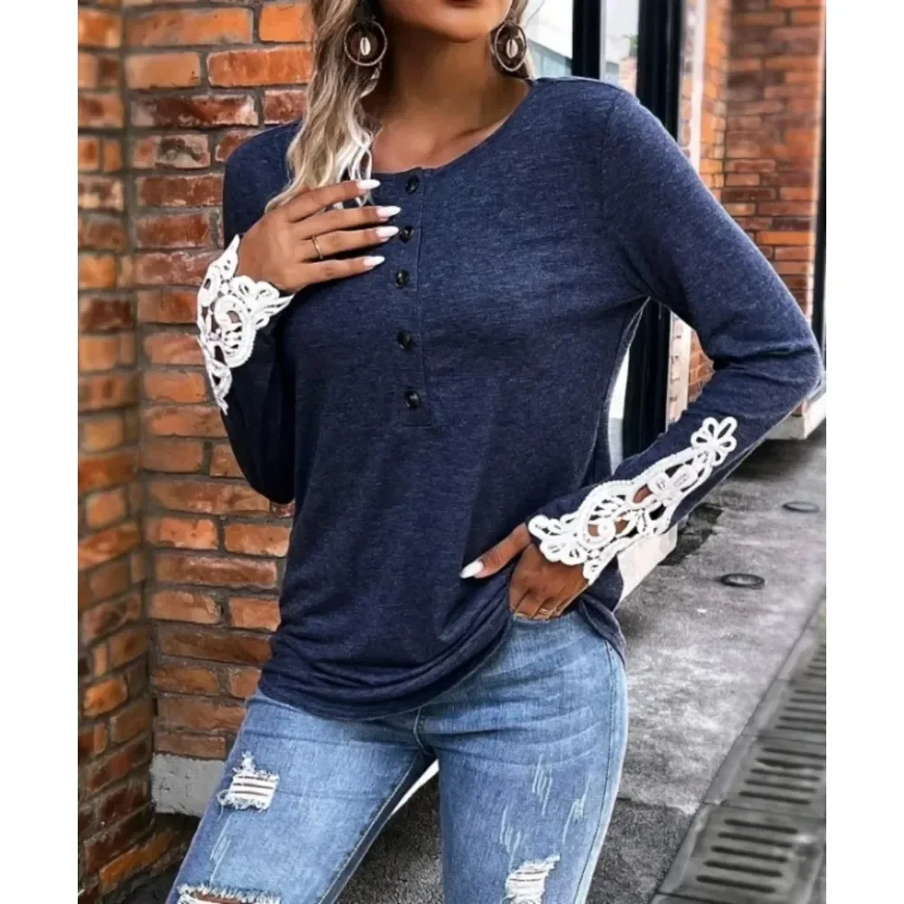 

Women's Plus Size 1XL-5XL Round Neck Long Sleeved T-shirt Lace Patchwork Sleeves Button Up Cardigan Loose Top