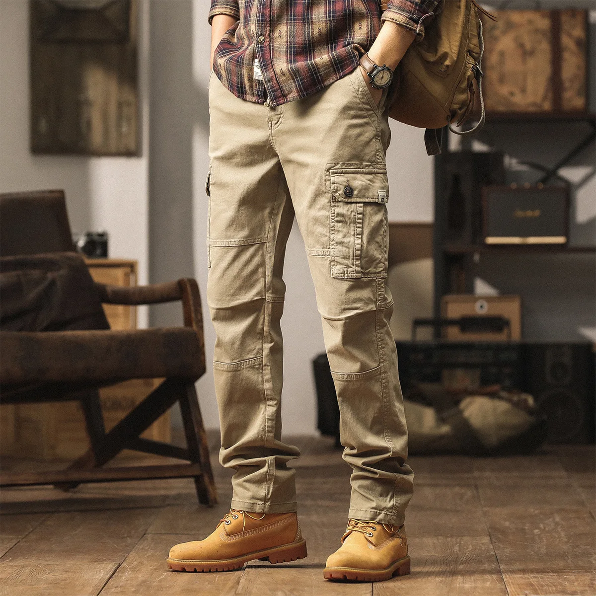 Celana Cargo Pria Musim Gugur Musim Dingin, Warna Solid Katun Ukuran Besar Elastis Kasual Trendi Sederhana Dasar untuk Aktivitas Luar Ruangan