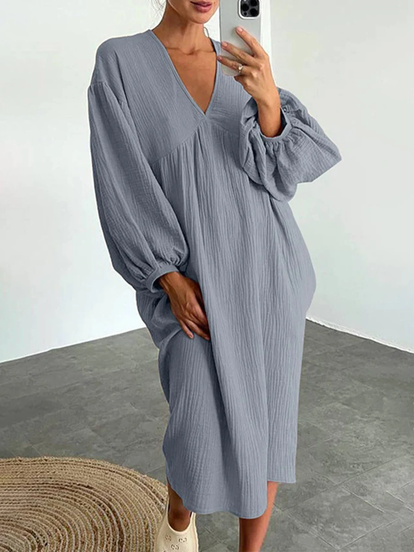 Abito longuette elegante con scollo a V da donna Autunno Inverno Texture semplice Manica lunga Abito casual a trapezio Abito semplice decente