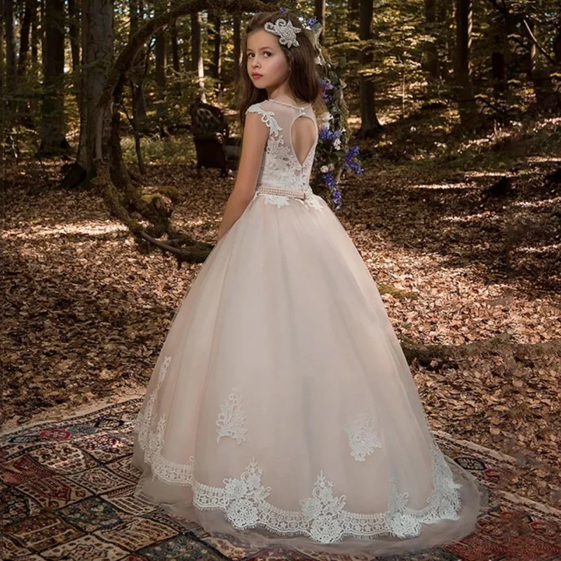 Champagne colored flower girl dress with backless decal pearl belt for girls, princess dress for children, formal dress for girl