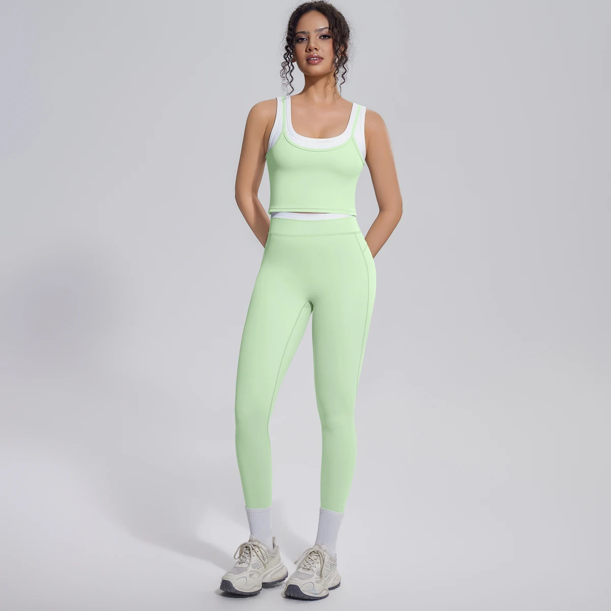 Hamidou Damen Yoga-Set, sexy, stoßdämpfend, Lauf-Yoga-Top, Farbblock-Design, hochtaillierte Fitness-Sport-Yoga-Hose, Gym-Yoga-Set – Detail 29