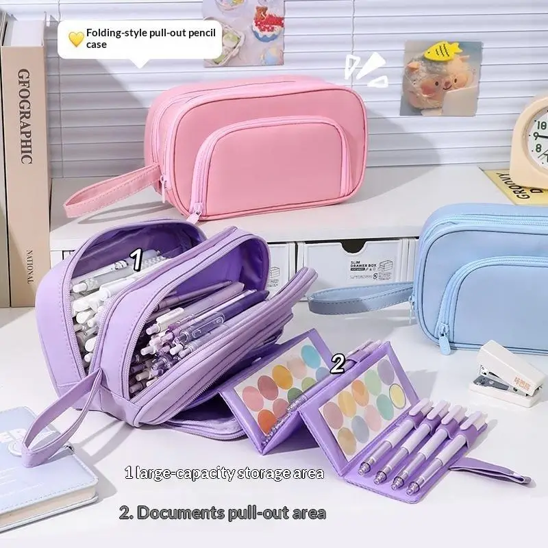 Kawaii 3-Schicht-Federmäppchen mit großer Kapazität, Schüler-Federmäppchen, Schulschreibwaren-Box, einfarbige Make-up-Aufbewahrungstasche – Detail 3