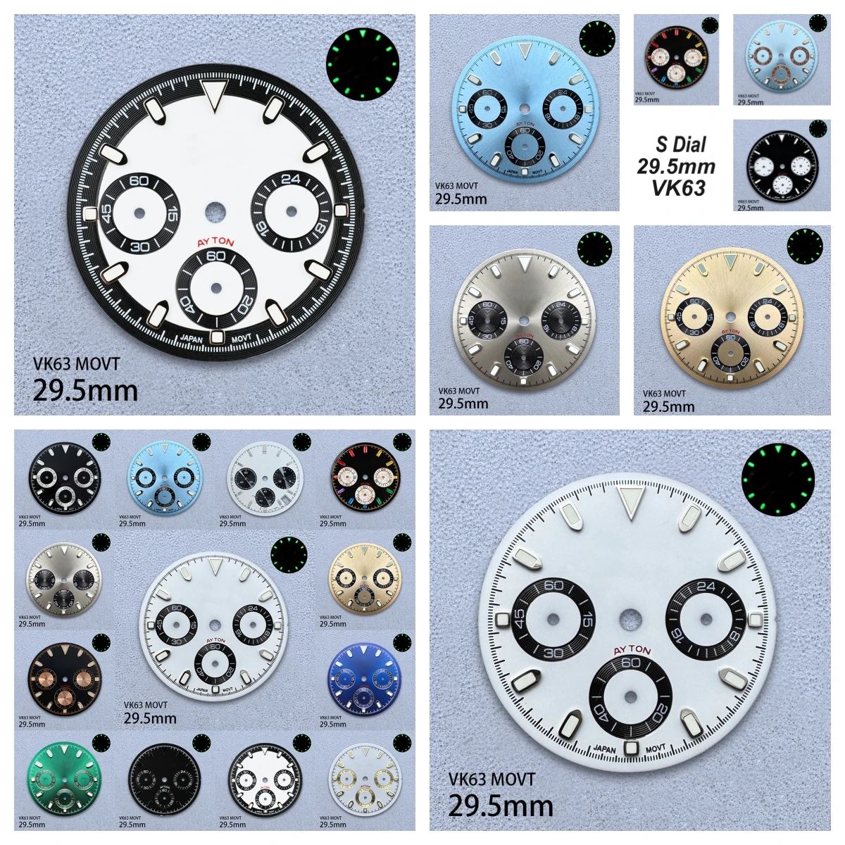 

29.5mm S Logo DTN Panda Dial Fit VK63 Movement Green Luminous Sunray/matte High-Quality Watch Accessories