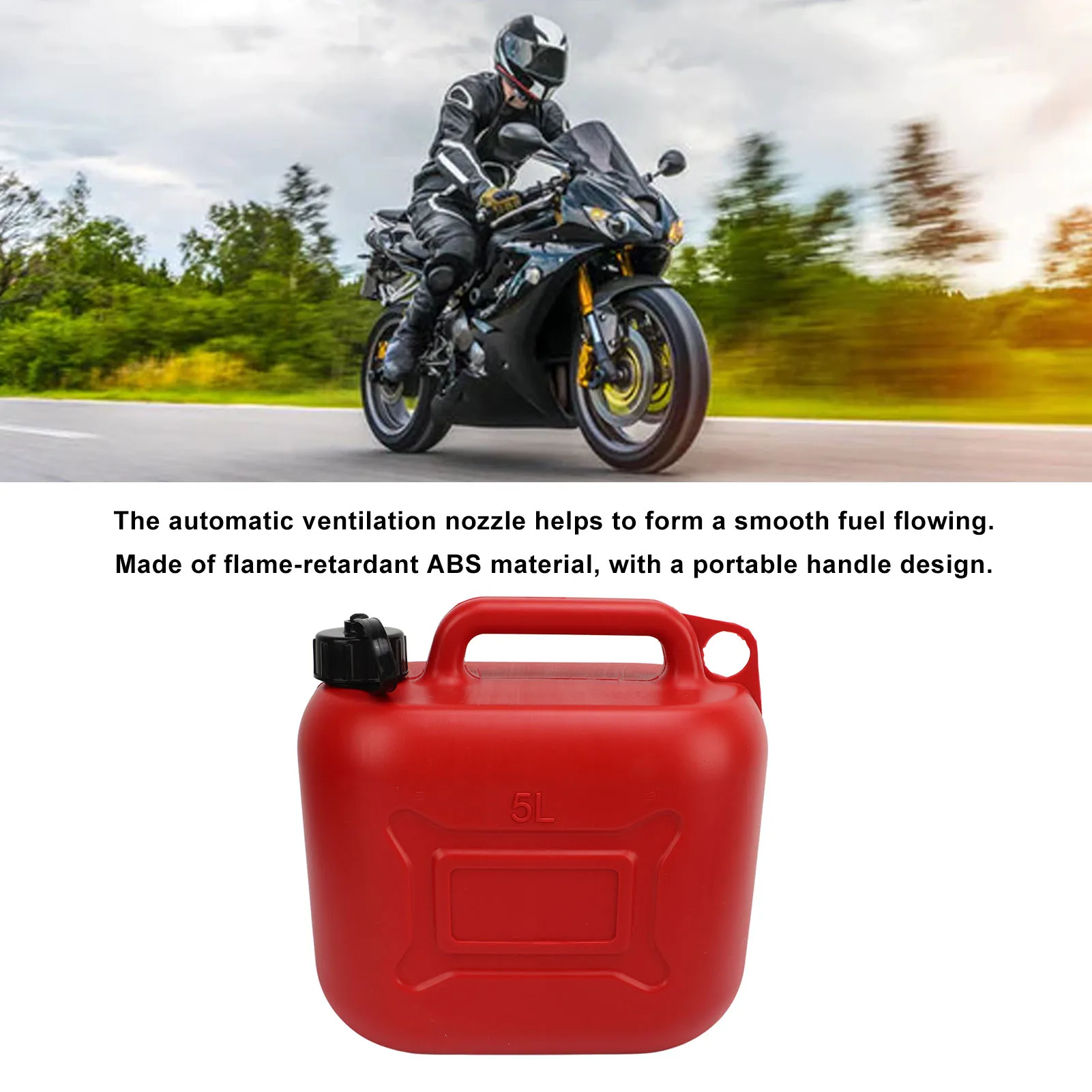 Fuel Gas Can 5L 1.3 Gallon ABS Leakage Free Red Portable Gasoline Container with 27cm Outlet Pipe For Car Motorcycles