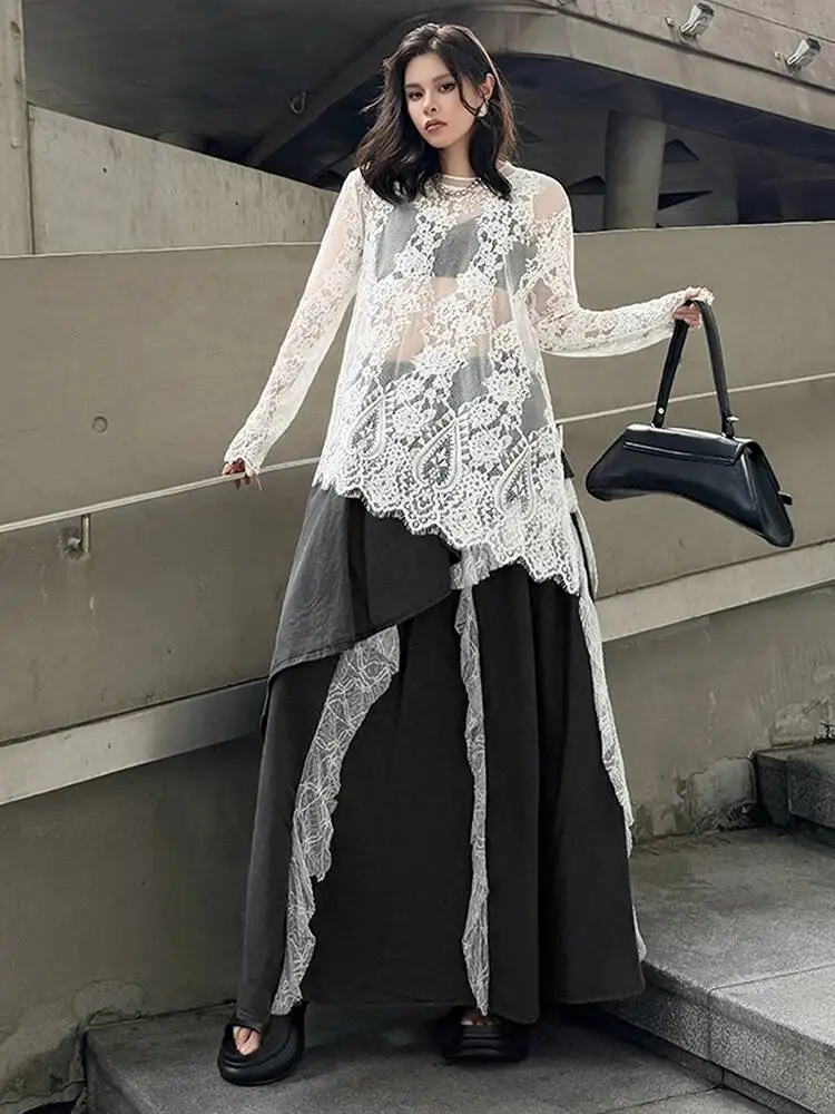 

High Elastic Waist Black Lace Irregular Spliced A-line Half-body Skirt Women Fashion Tide New Spring Autumn