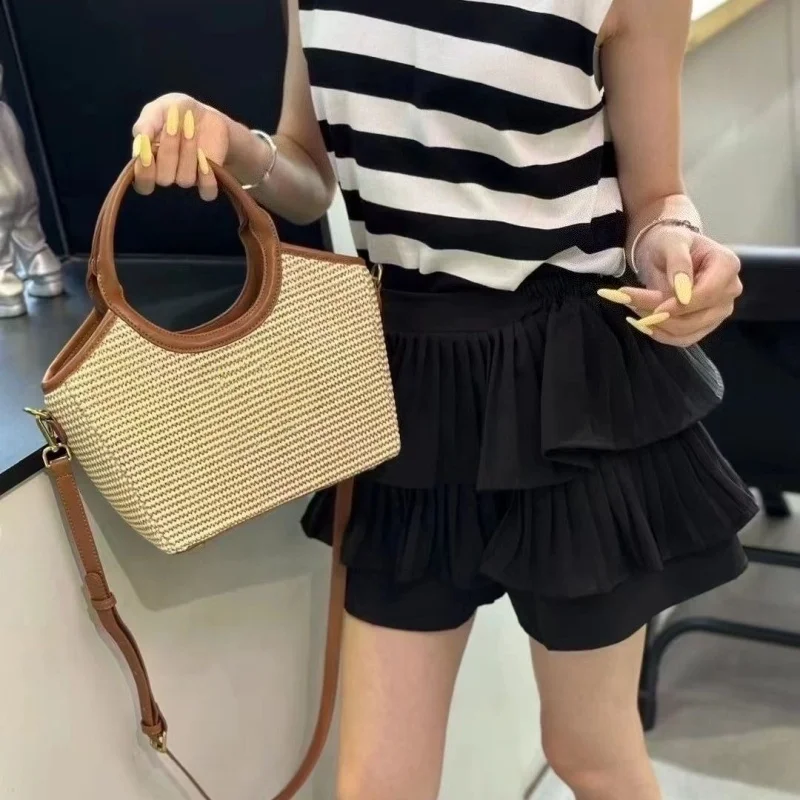 

2025 fashion luxury Lafite straw bag letter Tote bags genuine leather large-capacity Mommy one-shoulder underarm bag for women