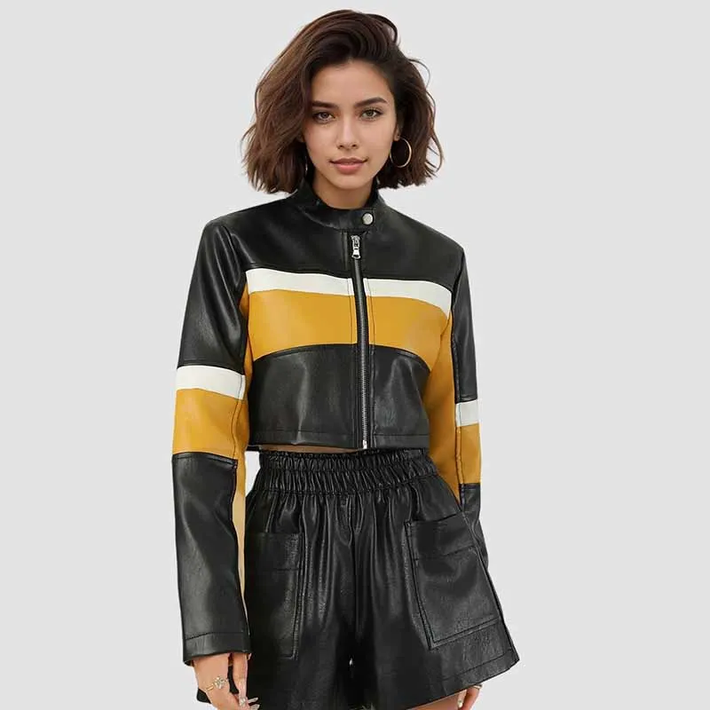 Y2K – veste en cuir épissé pour femme, manteau de moto tendance, couleur contrastée, fermeture éclair, Pu, Sexy, Slim Fit, vestes courtes