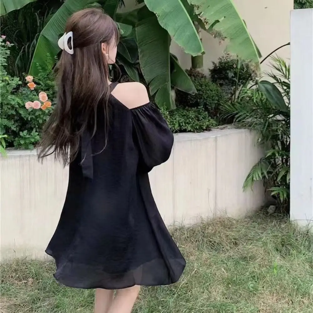 Słodka sukienka mini na ramiączkach z odkrytymi ramionami i bufiastymi rękawami, cienka, elegancka, w stylu koreańskim, plażowa, krótka spódniczka w kształcie litery A dla kobiet.