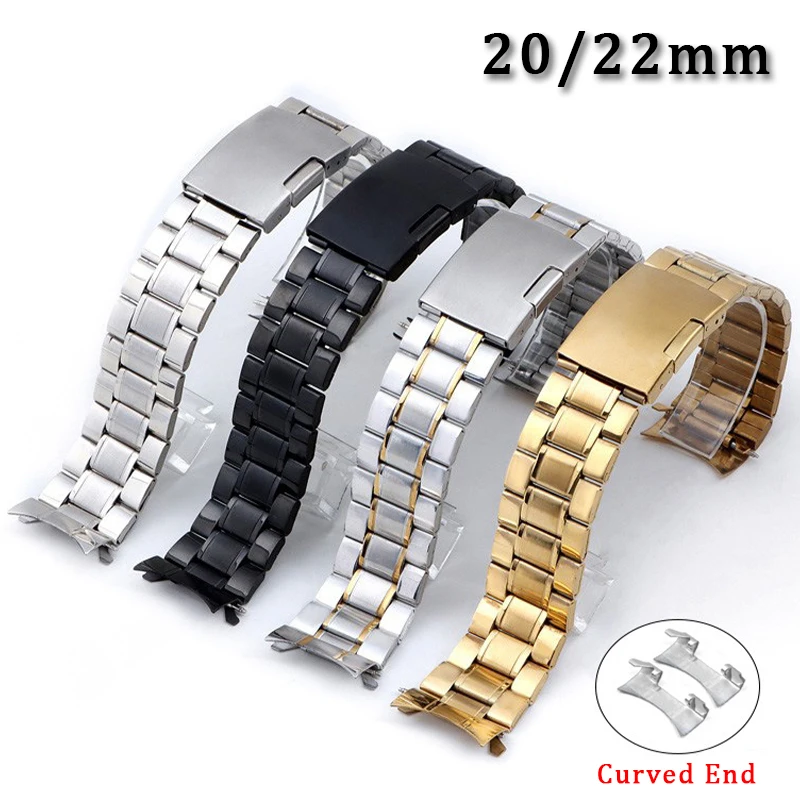 Curved End Stainless Steel Strap 20mm 22mm Metal Watch Band Folding Buckle for Seiko for Rolex Bracelet Replacement Wristband