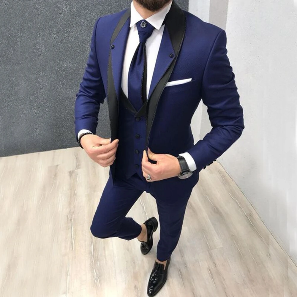 

3 Piece Navy Shawl Lapel Single Breasted Suits for Men Formal Casual Business Wedding Groom Tuxedos Sets (Blazer+Vest+Pants)