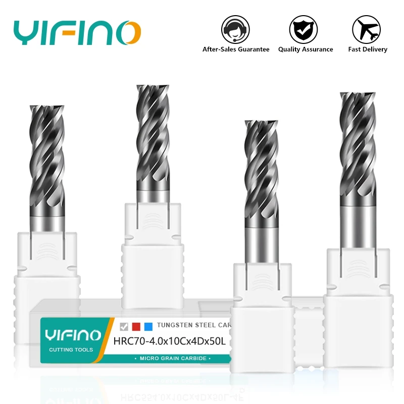 YIFINO HRC70 Seismic High Hardness Tungsten Steel Carbide 4-Flute Flat End Mill CNC Machinery Machining Center Milling Cutter