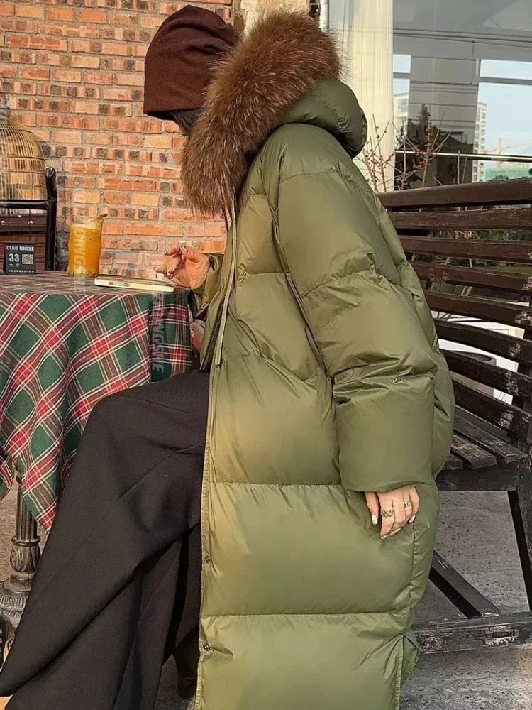 Super Large Raccoon Fur Army Green Quilt Down Jacket Winter New Long Thickened Plus Size Loose Warm White Duck Puffer Coat Women