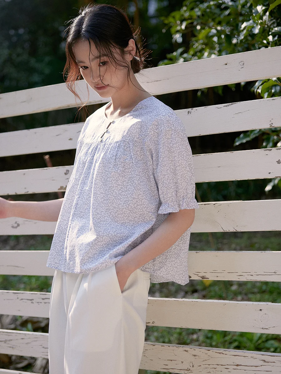 

Fre Floral Print round Ne ort Sve irt High Quali Cotton Spring Summer New Sle Women's Busin Casual irt