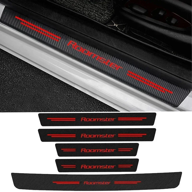 Carbon Fiber Car Door Sill Rear Trunk Bumper Guard Plate Protector Sticker for Skoda Roomster Logo Threshold Anti-Scratch Decals