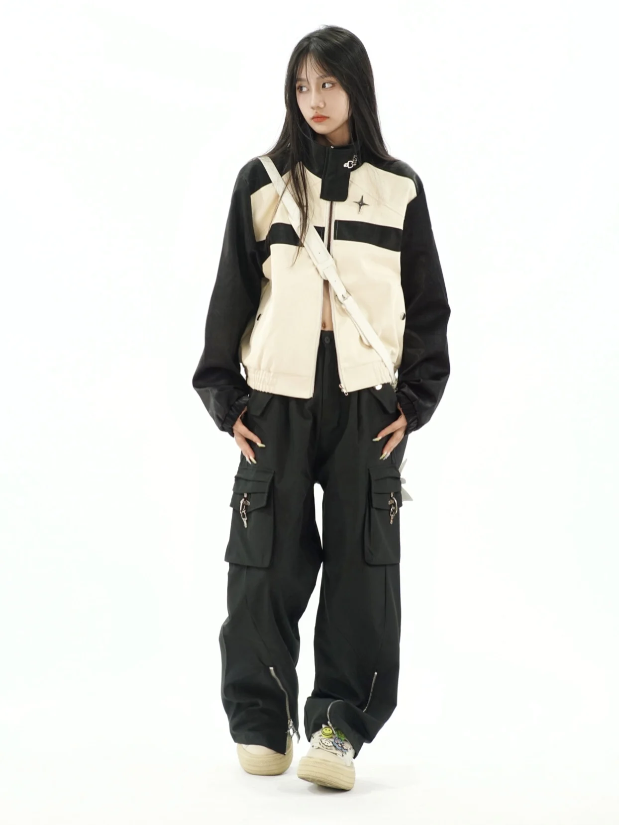 Amoeba Americano Retro Impiombato Colore Ort Pelle Jaet Donna Spicy Or Capispalla Autunno Design Originale Vestibilità Allentata