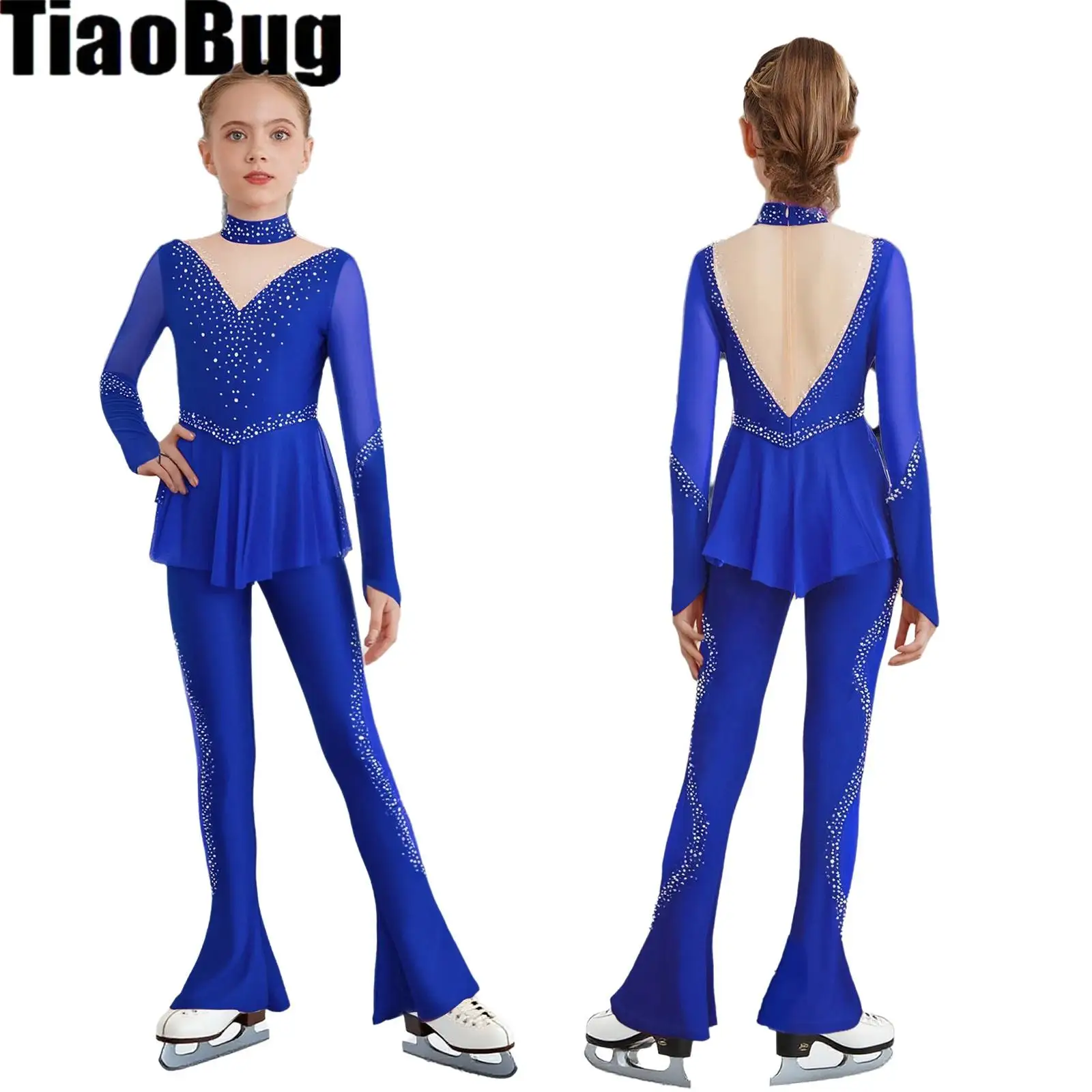 

Teen Girls Figure Skating Performance Costume Sheer Mesh Patchwork Rhinestones Jumpsuit Long Sleeves Bell-Bottom Peplum Bodysuit