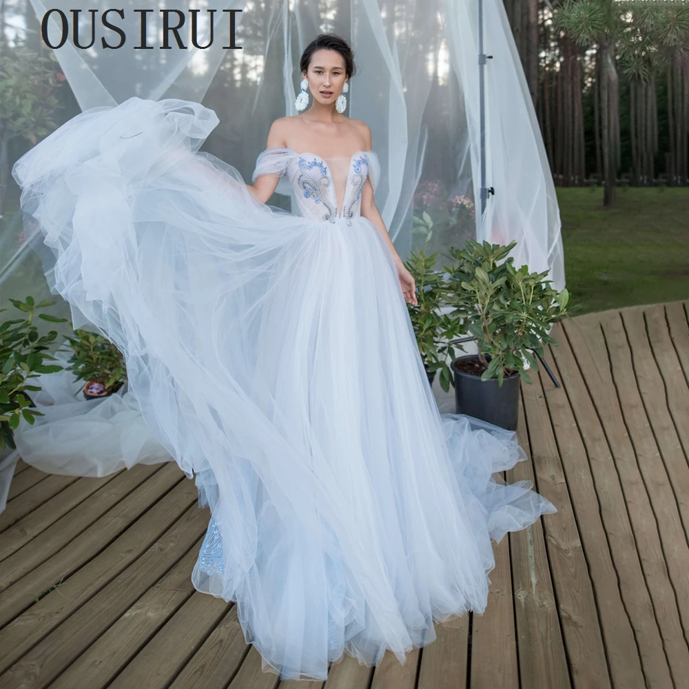 

OUSIRUI 2024 Summer Host Elegant Off The Shoulder Wedding Dresses For Woman Sweep Train Tulles Exquisite Backless Evening Dress