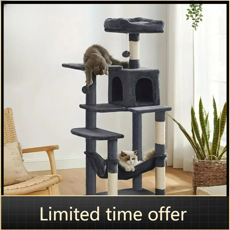 Árbol grande de lujo para gatos de varios niveles con hamaca, torre de madera para mascotas, rascador para gatos, centro de juegos de escalada Vertical
