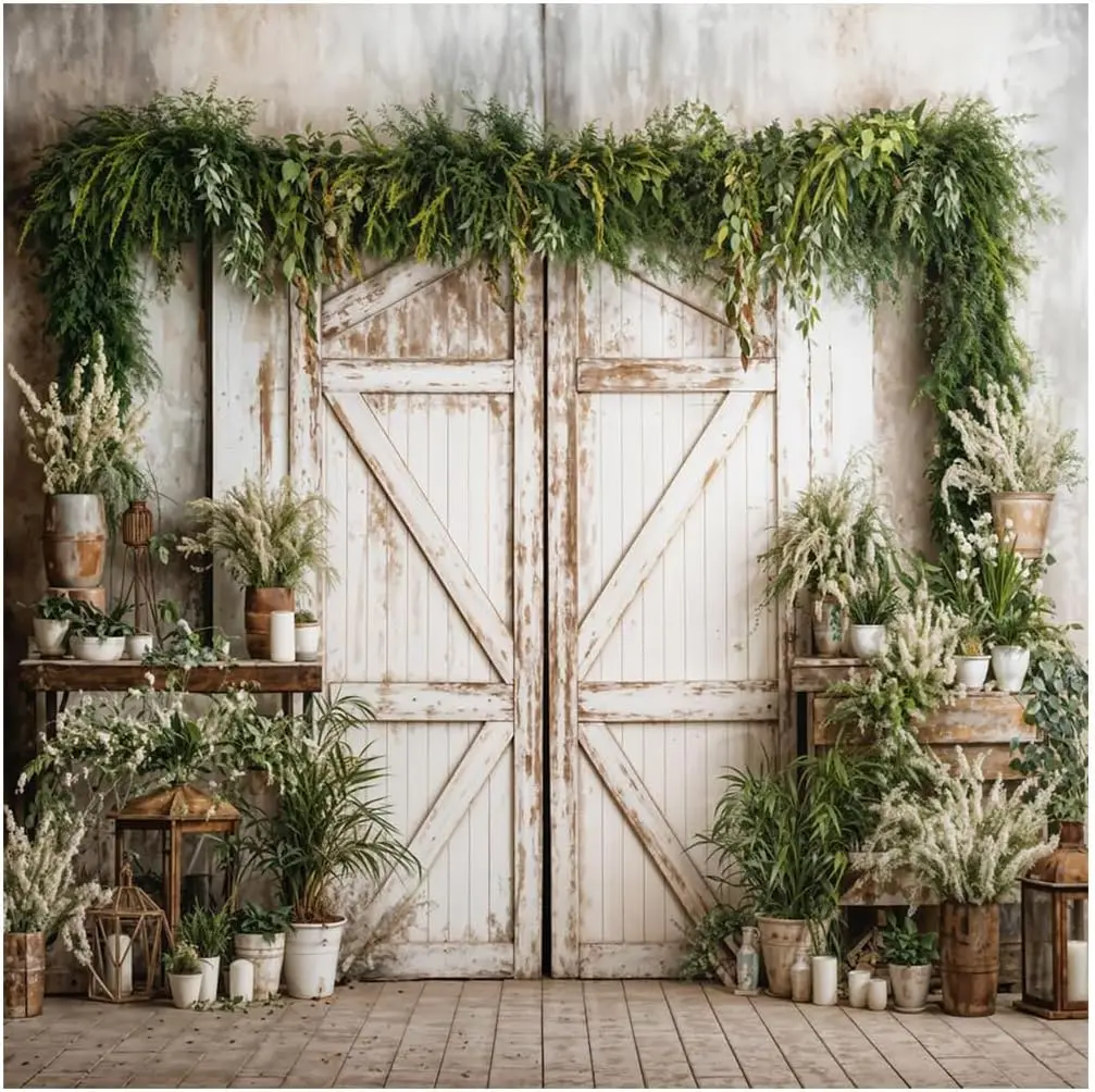 Wedding Portrait Spring summer Green Leaves Branch Garden Rustic White Wooden Door photo background photography backdrop studio