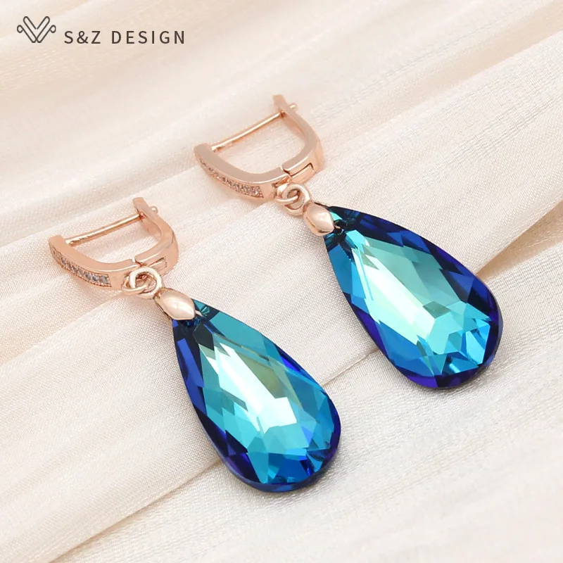 S&Z DESIGN New Fashion 585 Rose Gold Color Water Drop Crystal Dangle Earrings For Women Wedding Jewelry Cubic Zirconia Eardrop