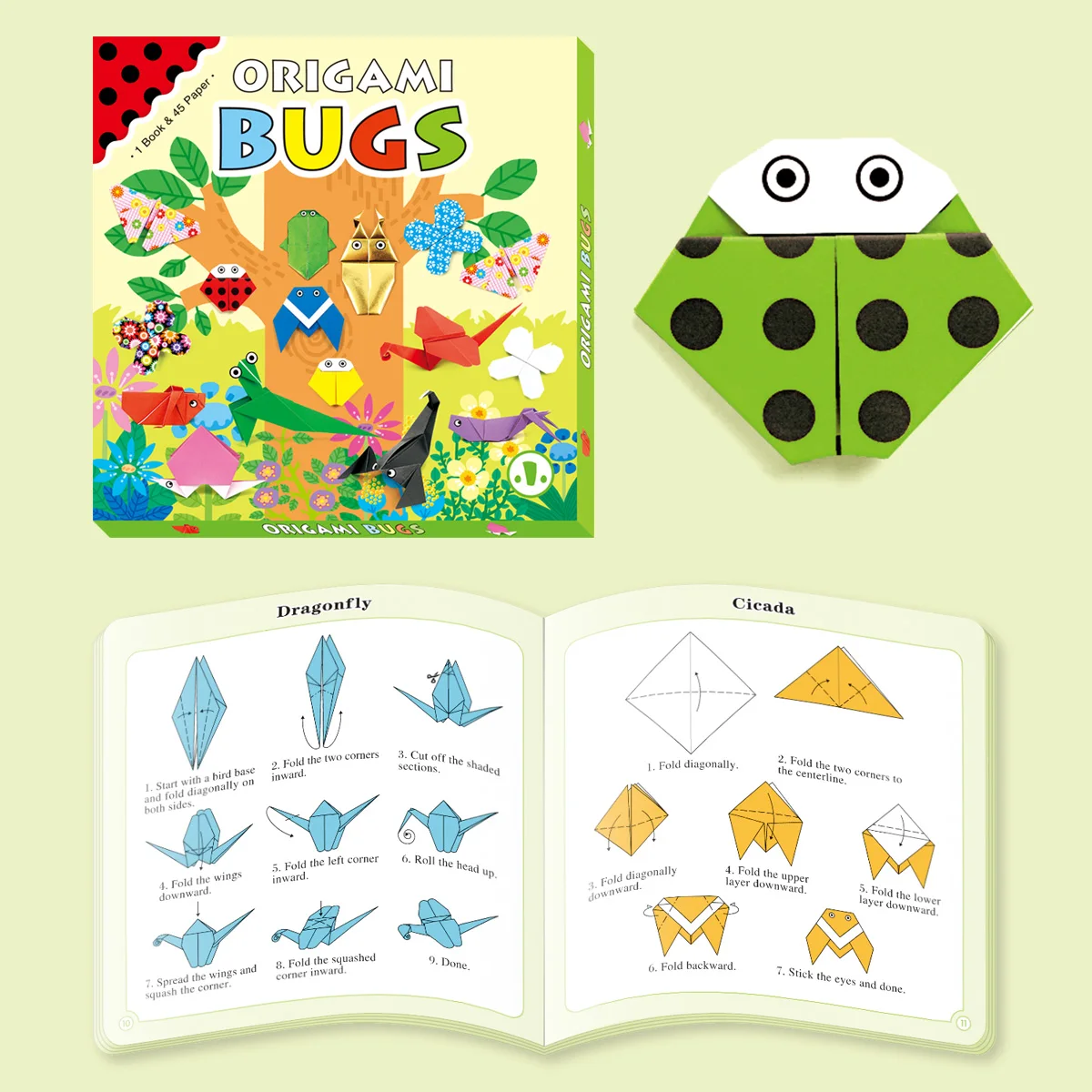 Origami Set: 45 sheets of colored paper + tutorial book - Creative DIY educational book to improve thinking and hands-on skills