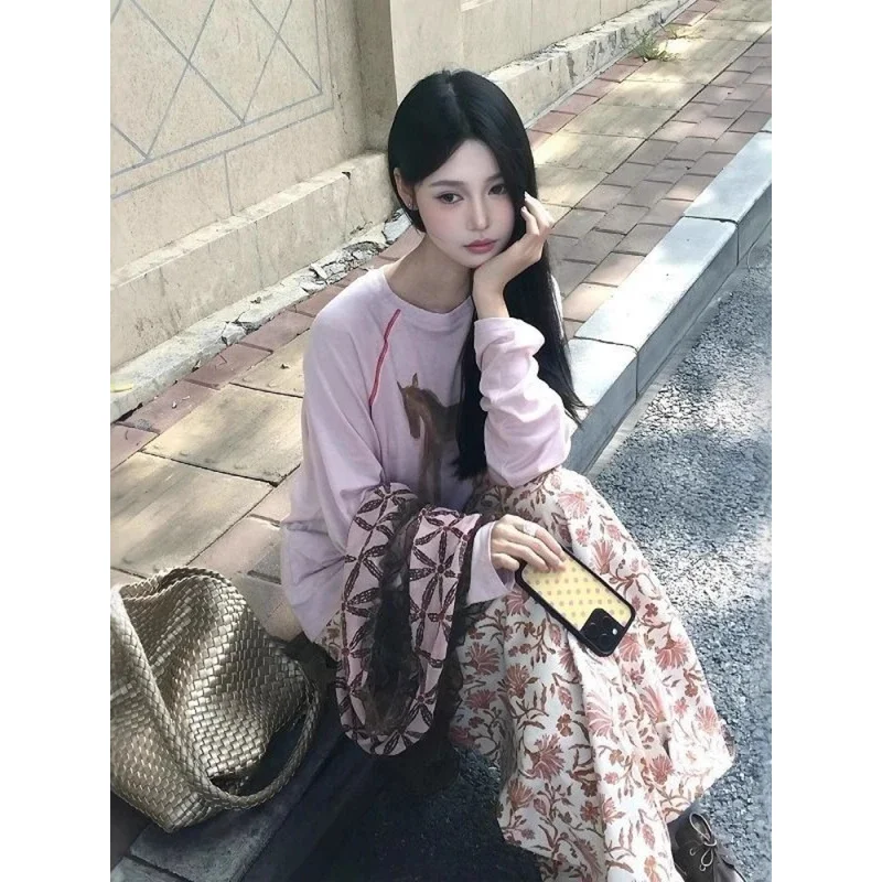 

Весенняя розовая футболка с мультяшным принтом в стиле Y2K, свободная винтажная футболка в стиле гранж для женщин ​ Футболки с ярким декором в стиле Харадзюку