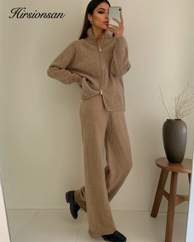 Hirsionsan Winter Thick Women Suits Soft 2 Pieces Female Sets Zip Cardigan Sweater & Wide Leg Pants Soft Knitted Track Suit