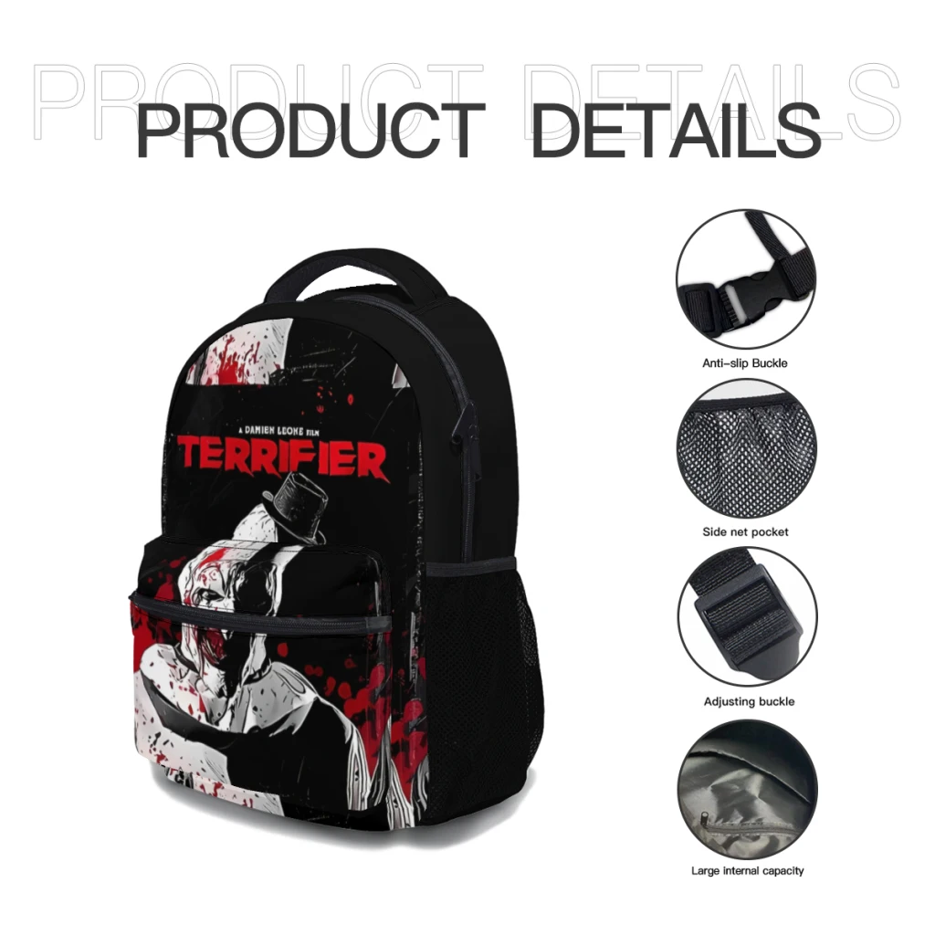 Mochila de película de terror Terrifier 2, bolsa de libros de moda de gran capacidad con múltiples bolsillos, ajustable, 17 pulgadas, 2022