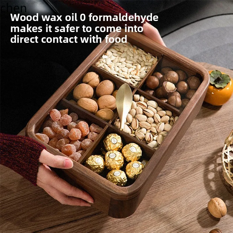

LXC Black Walnut Solid Wood Nut Box Home Living Room High-End Nut Tray New Year Divided Wooden