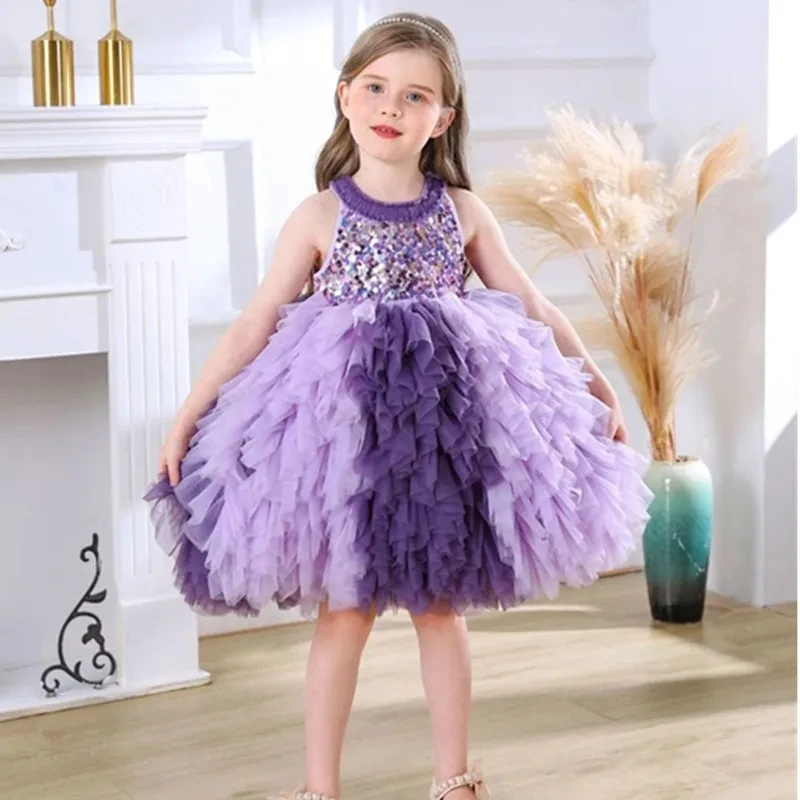 New Kids Luxury Birthday Party Dress for Flower Girls Sequin and Tulle Short Evening Gowns Child Cute Princess Pageant Dresses