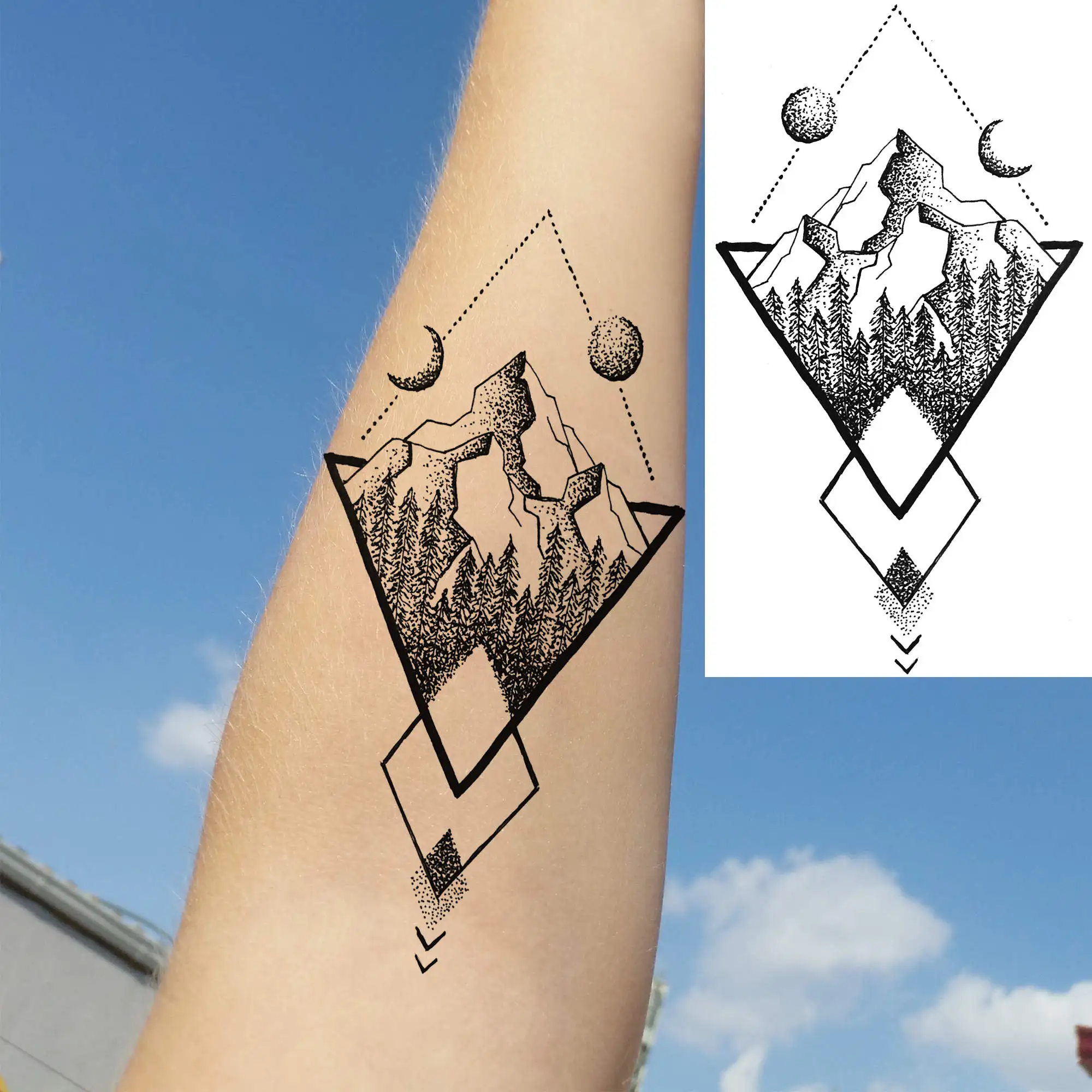 18 Sheets Geometry Mountain Temporary Tattoos For Men Women Adults Fake Waves Tattoo Sticker Black 3D Pine Tree Tatoos Triangle