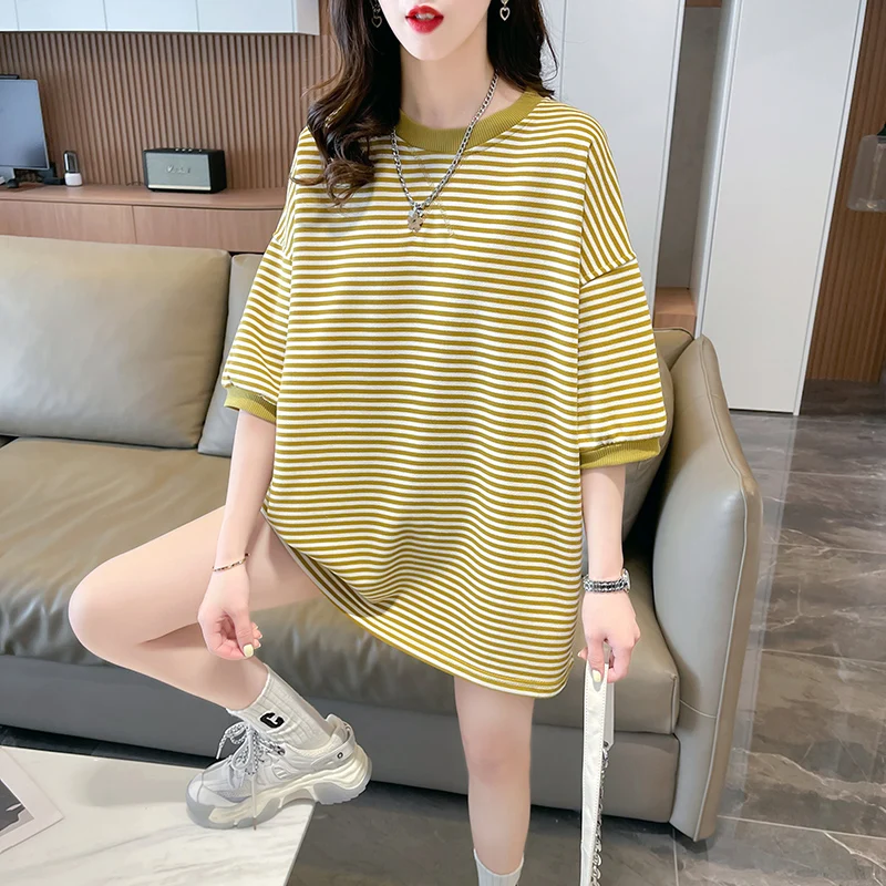 

Large-size women's striped short-sleeved T-shirt women's summer dress 2024 new loose Korean version of small mid-length top