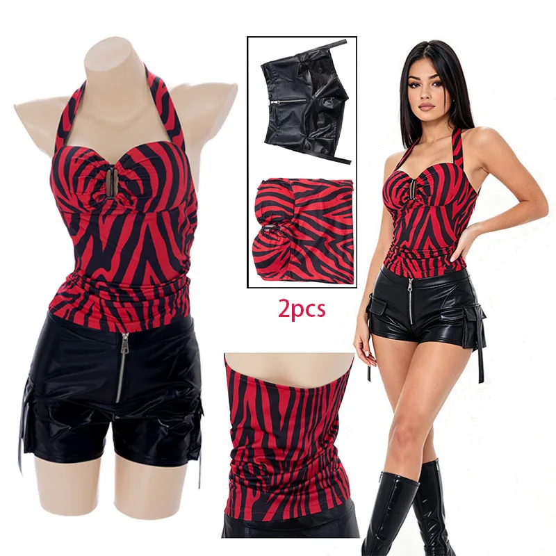 WHH 2026 Nuevo Estilo Disfraz de Cosplay Nikki, Conjunto de Chaleco Ajustado con Estampado de Cebra Roja y Espalda Descubierta, y Pantalones Cortos de Cuero de Cintura Baja para Mujer