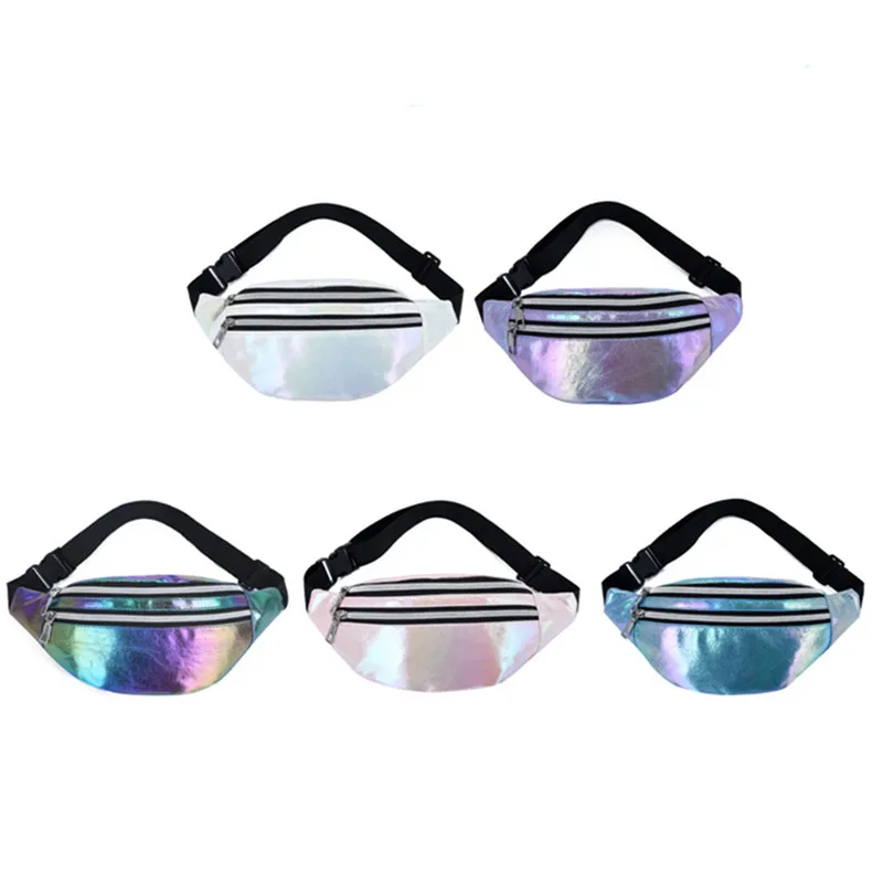 Fanny Packs Unisex Women Men Sliver Laser Waist Bags Geometric Chest Phone Pouch PU Beach Traverl Bum Zip Waistbags