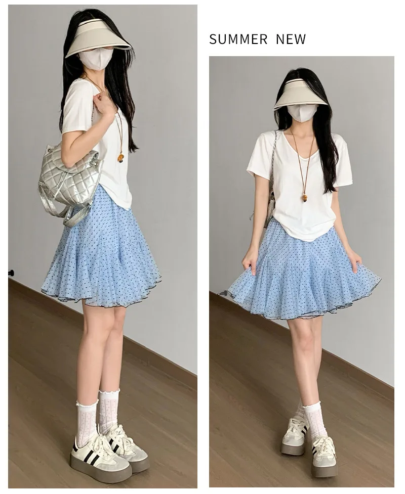Polka Dot Mesh Cake Skirt Women Summer High Elastic Waist A-line Short Skirts for Woman Sweet Ballet Style Ruffles Puffy Skirt