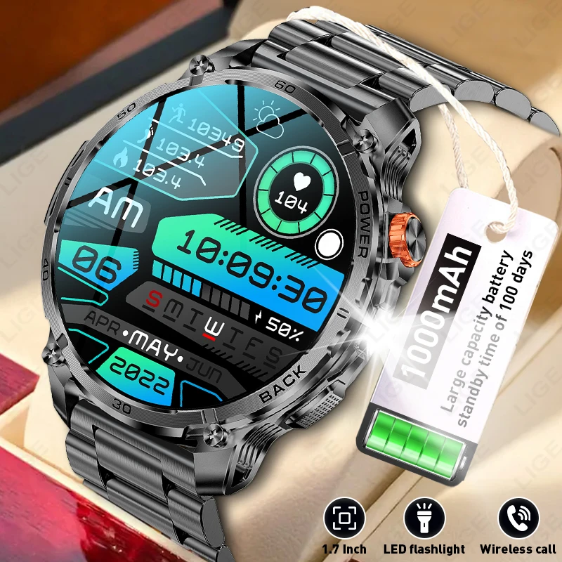 

LIGE New Military For T-Rex 3 Ultra 1000mAh Battery Smart Watch IP68 Waterproof Flashlight Heart Rate Sports Tracker Watches Men