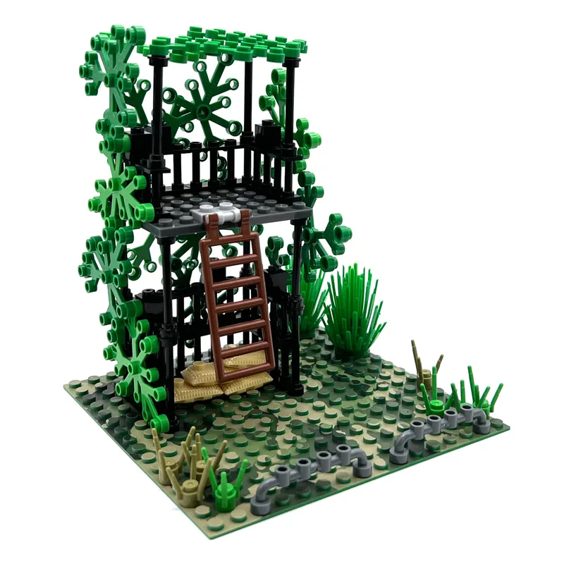 MOC Military forest field Scene Building Blocks grilled fish cannon sentry post DIY assembly Mini Bricks Christmas Gifts