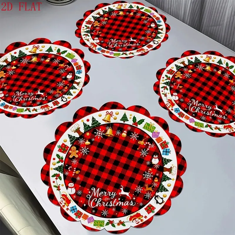 VIKAMA Linen Round Placemat, Buffalo Plaid Christmas Icon Border, Washable Stain Resistant Easy Clean, Holiday Dining