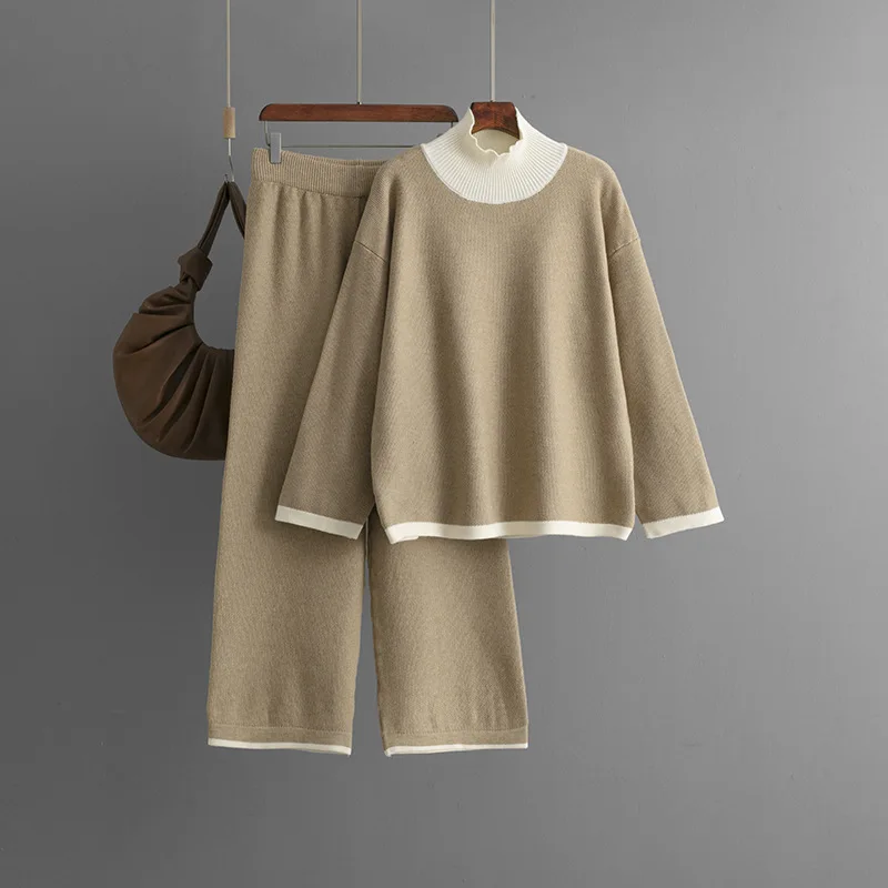 

Casual Loose Mock Neck Color blocked Long sleeve Knit Pullover Sweater+Elastic Waist Pant 2-pieces Set Winter Women's Suit New