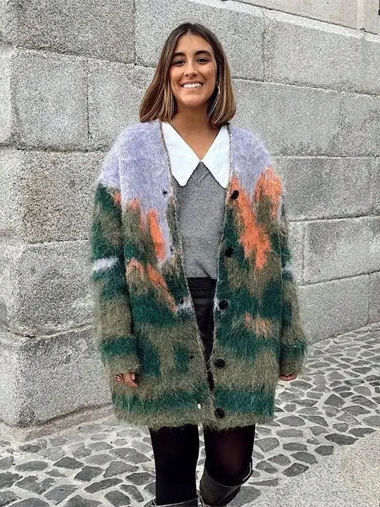 

HH Women Colorful Print Long Cardigan Single Breasted V Neck Knitted Sweater Coats Autumn Female Fashion High Street Outwear