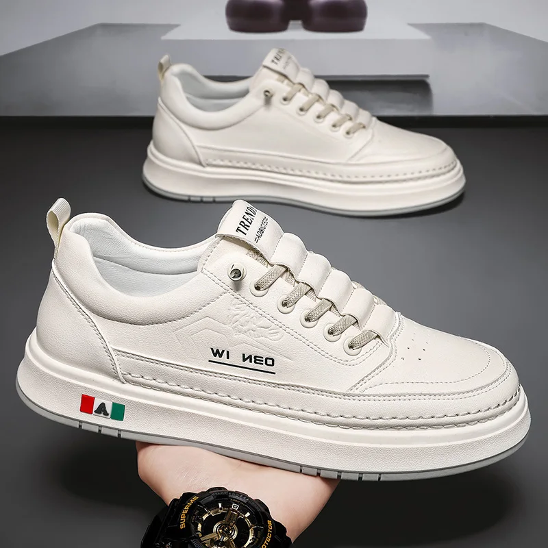 

High Quality Men's Shoes Leather Casual Sneakers Fashion White Board Shoes Outdoor Walking Sport Footwear Comfortable Work Shoes