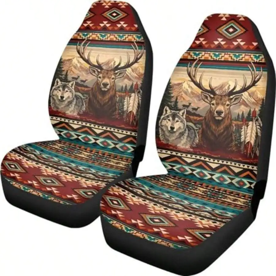 

Elk And Wolf Print Car Seat Covers Front Universal High Back Bucket Set Of 2