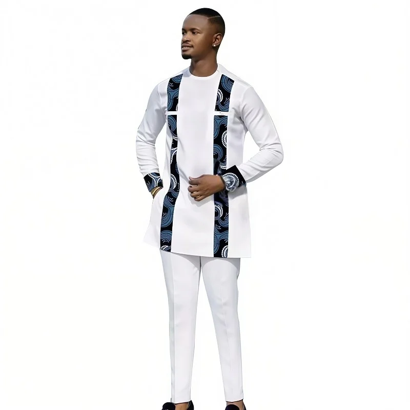 African Print Men's Long Shirts+Trousers Designer Customize Pant Sets Nigeria Fashion Male White Suits Plus Size Party Clothes