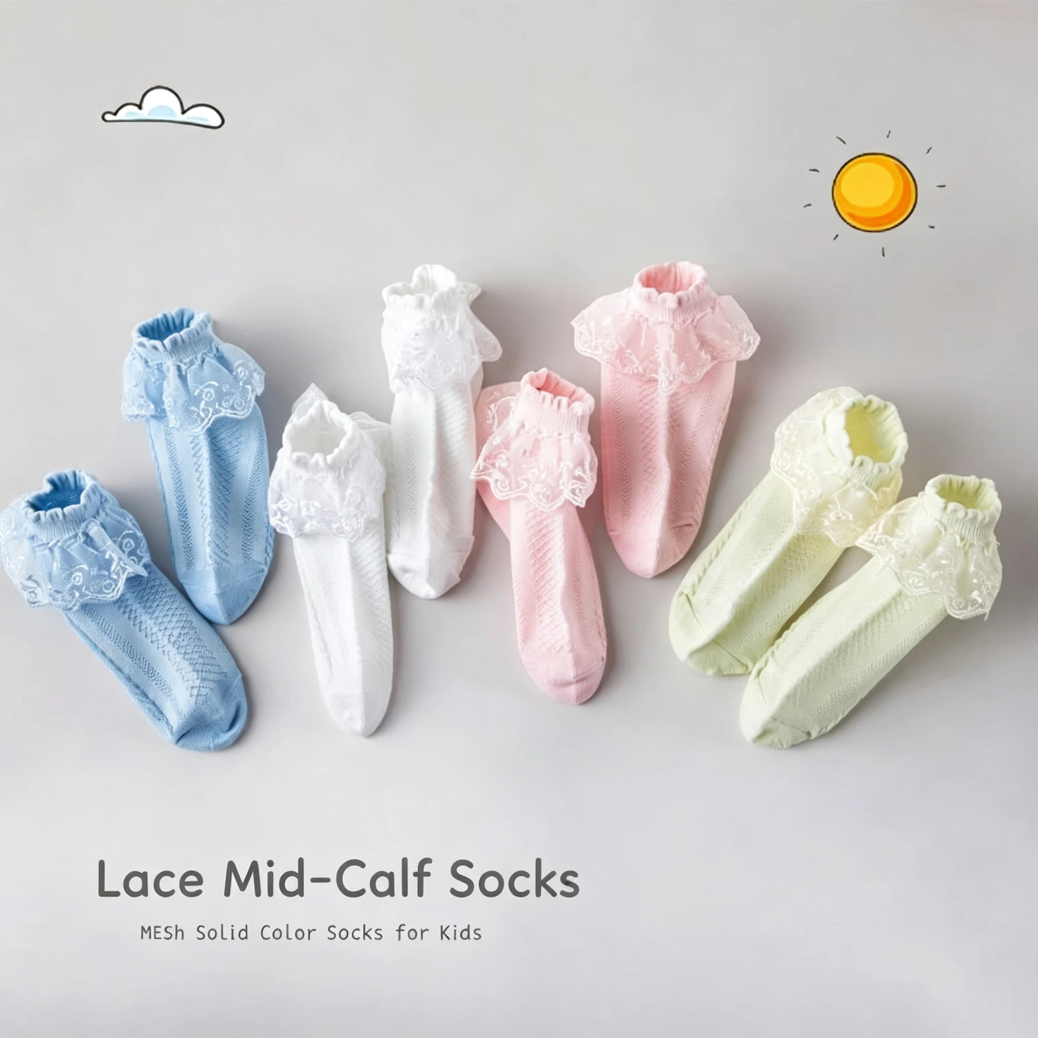 4 Pairs Kids Girls Lace Ruffle Ankle Socks All‑Season Wear Mesh Breathable Solid Color Princess Socks For Mary Jane Shoes