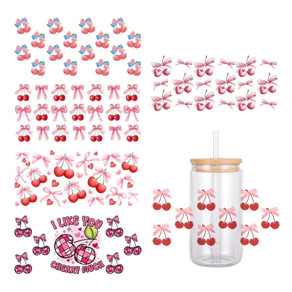 11x24cm Cherry Fruit Designs For Libbey 16oz Can Glass 3D Waterproof UV DTF Coffee Can Wrap Libbey Glass Wrap