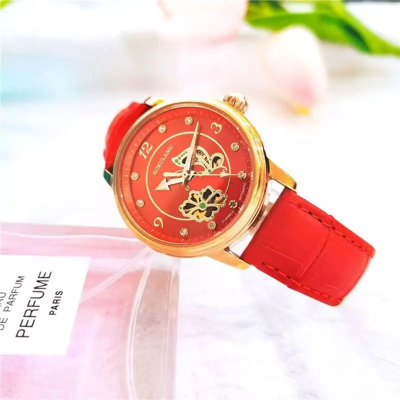 High-End Women's Mechanical Watch, Fully Automatic Skeleton Watch with Diamond Inlays, Waterproof Wristwatch, Leather Strap, Light Luxury Style Women's Watch, Luminous Hands, Fashionable Wristwatch, Gift for Mom or Girlfriend on Birthday, Versatile Mechanical Watch for Work and Leisure, Unique Design Women's Watch, Hot-Selling Bestseller