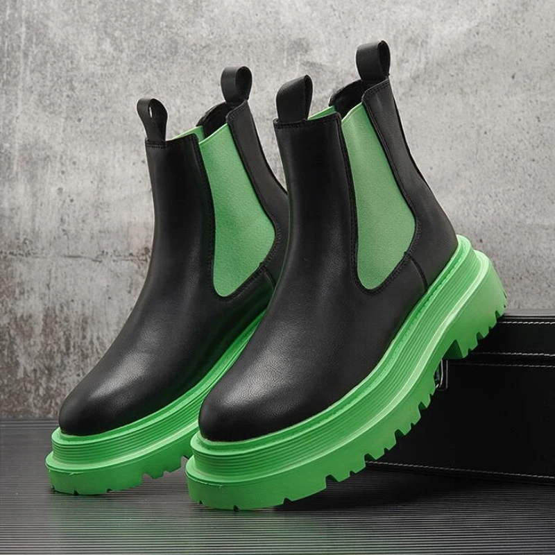 

New Chelsea Boots Man Couple Models Platform Mid Boots Round Toe Slip On Rain Boots Leather Fashion White Green Shoes