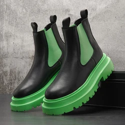 Men's Chelsea Boots - Unisex Couple Style, Platform Mid-Calf Leather Boots, Slip-On Round Toe Fashion Boots in White & Green